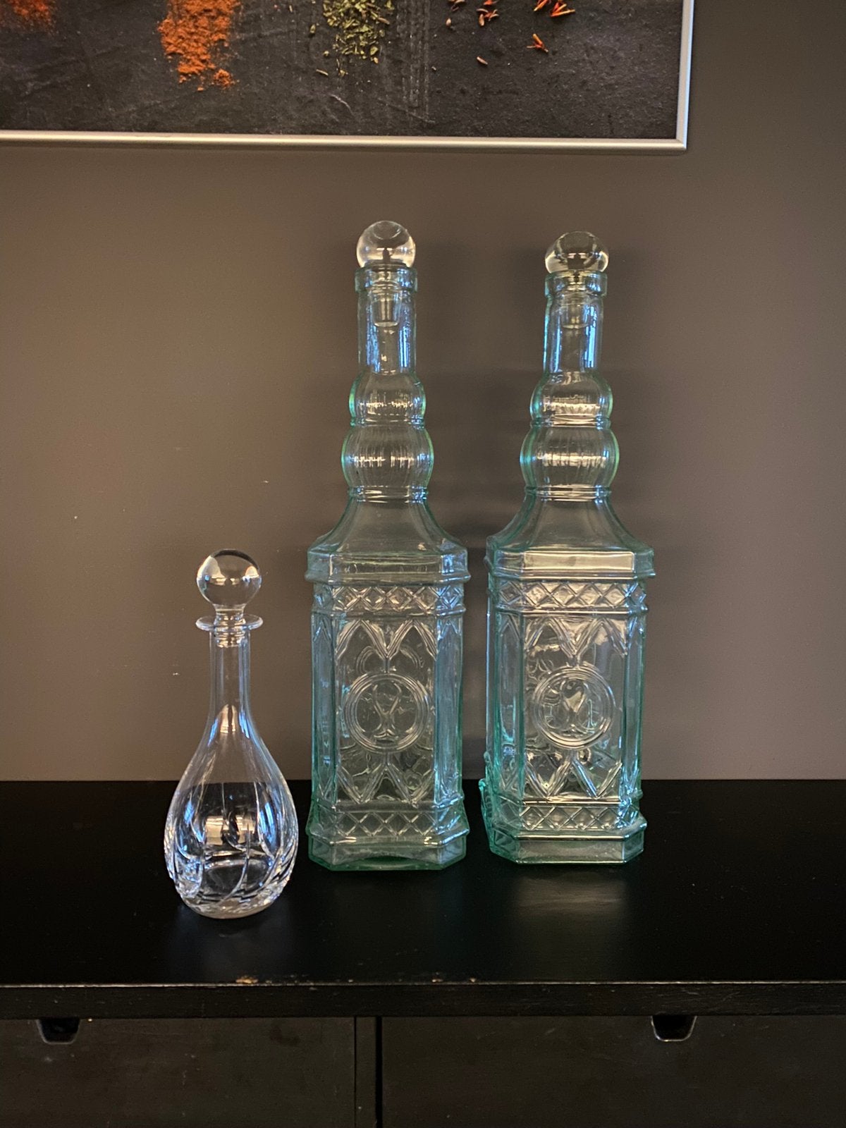 2 hele grote glazen olijfolieflessen met glazen stop  karaf, Ophalen, Zo goed als nieuw, Overige kleuren, Glas