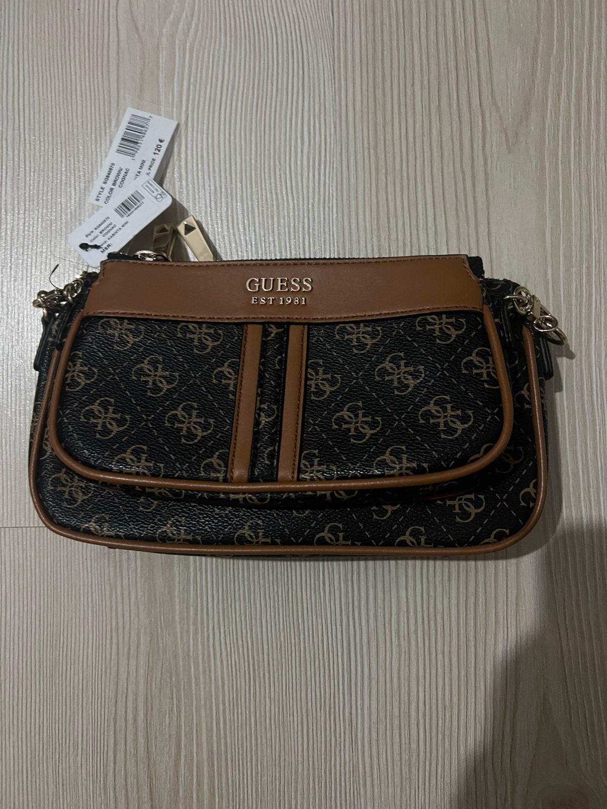 Nieuwe Guess Schoudertasje - Bruin met logo print, Ophalen of Verzenden, Nieuw, Bruin, Schoudertasje