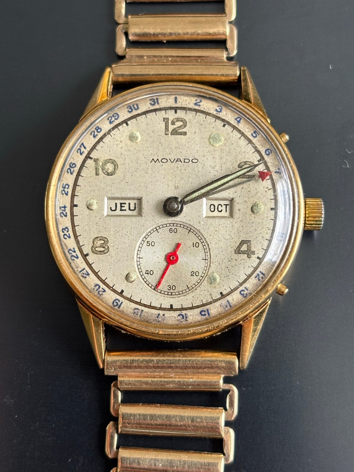 Zeldzame vintage Movado Triple Calendar, Met bandje, Polshorloge, 1930 tot 1960, Goud