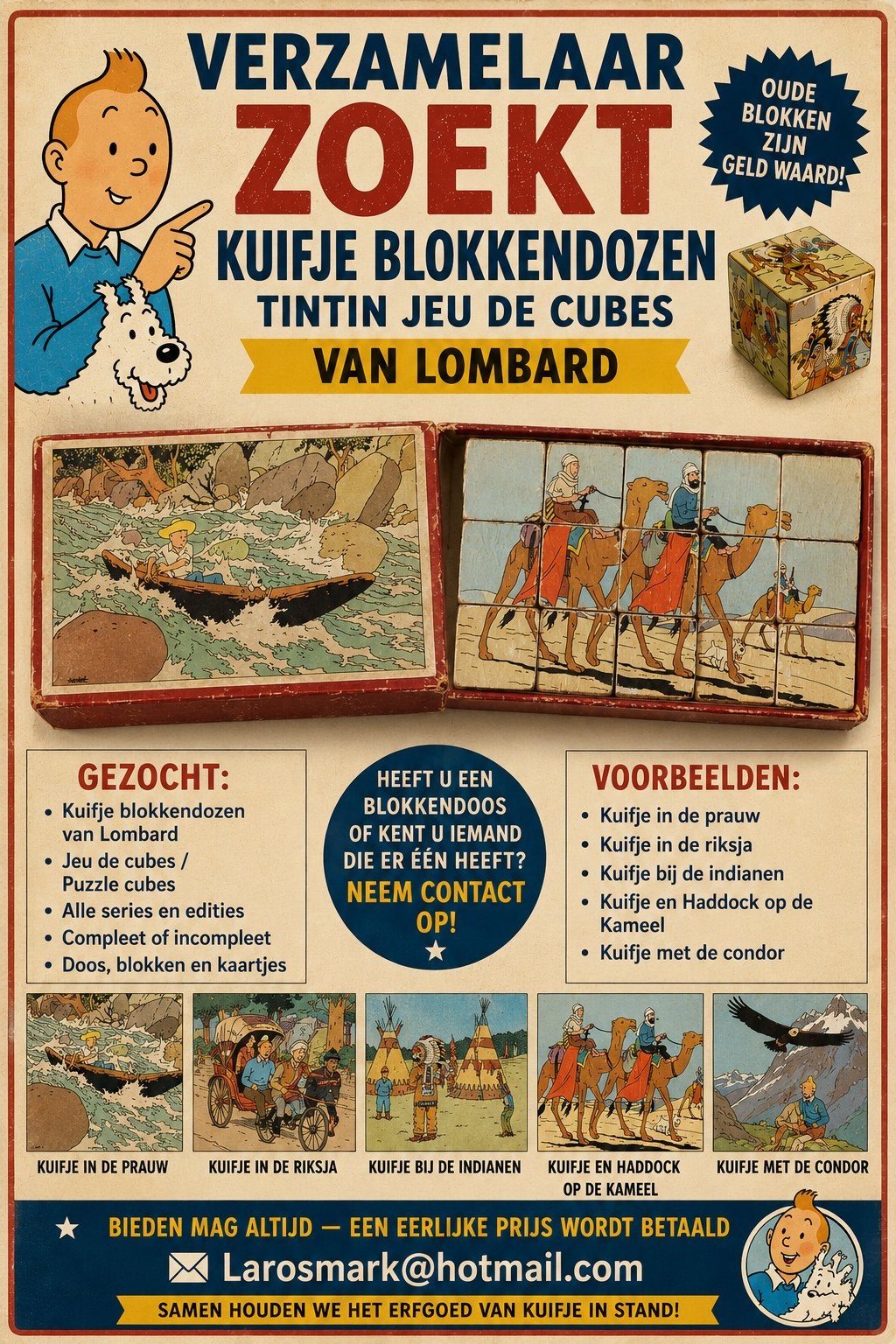 Verzamelaar zoekt kuifje blokkendozen en puzzels, Eén stripboek, Ophalen of Verzenden, Zo goed als nieuw