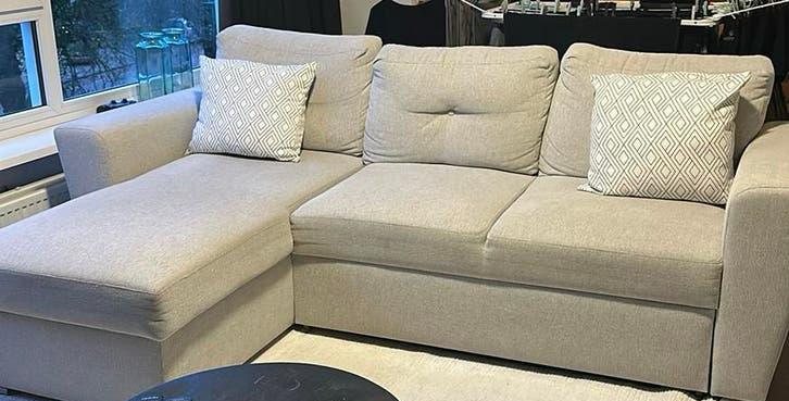 Slaapbank jysk zandkleurige stof, Huis en Inrichting, Ophalen of Verzenden, Zo goed als nieuw, Stof