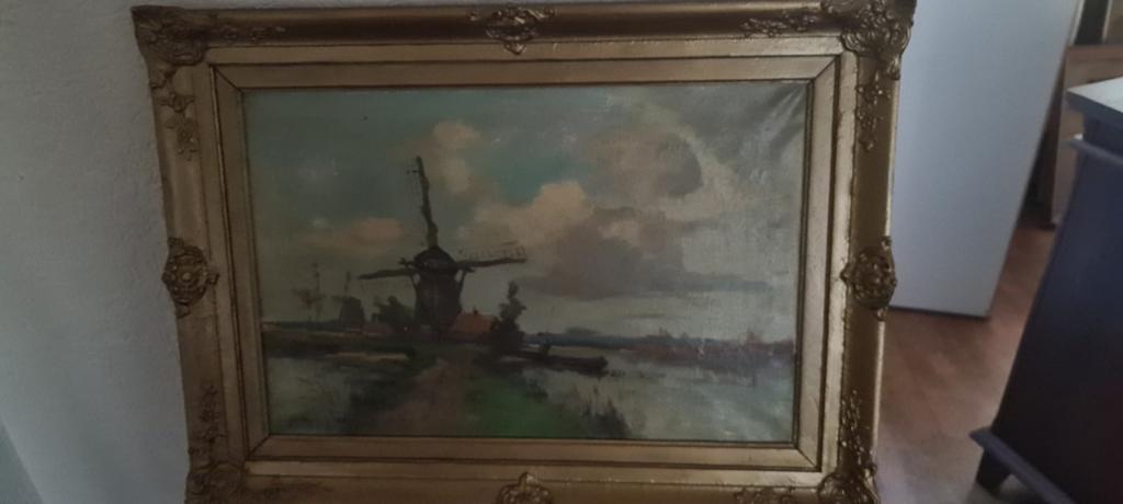 Oud Hollands Molenlandschap Schilderij in Gouden Lijst, Ophalen