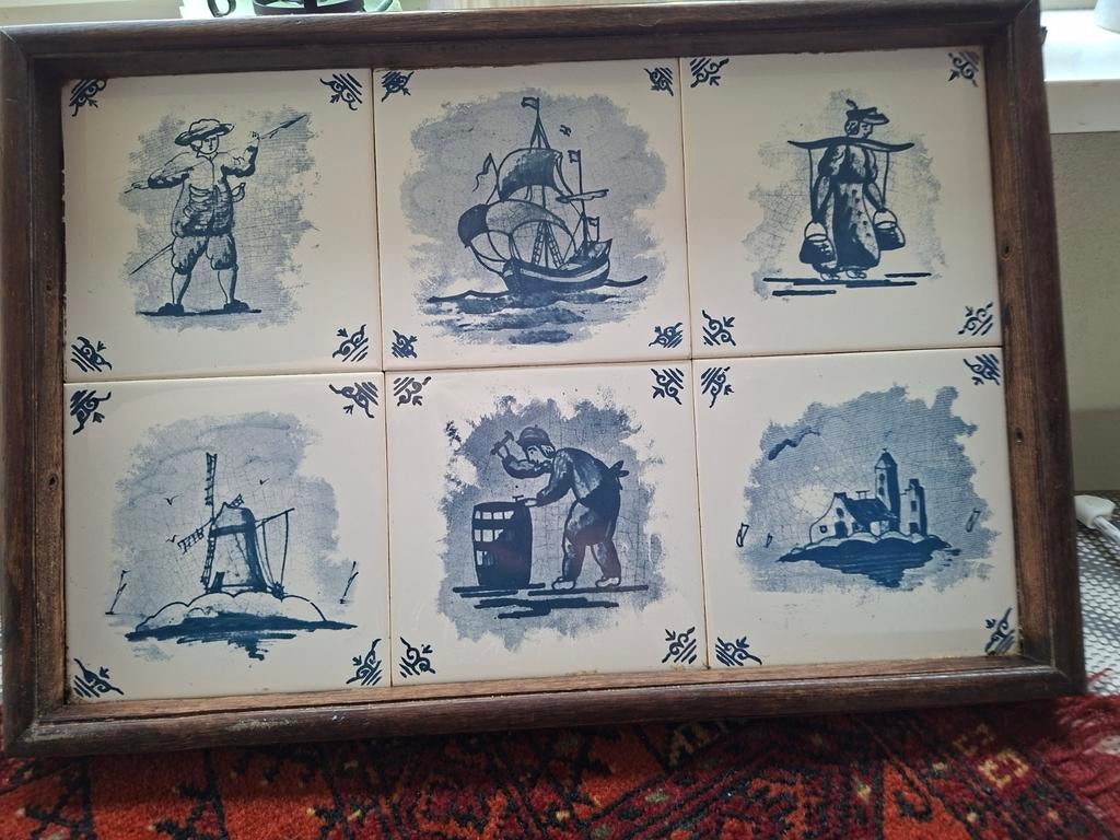 Antiek dienblad met delftsblauwe tegels, Ophalen of Verzenden
