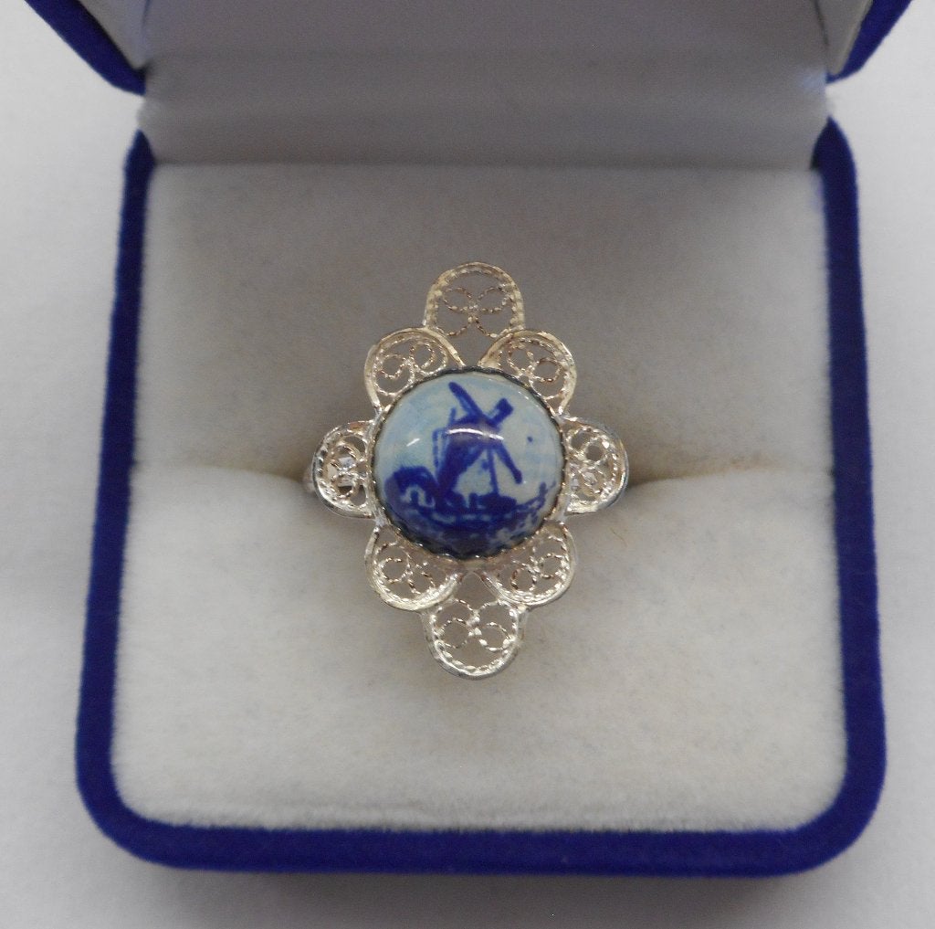 Zilveren vintage ring delfts blauwe steen maat 17 nr.763, Verzenden, Zo goed als nieuw, 17 tot 18, Dame