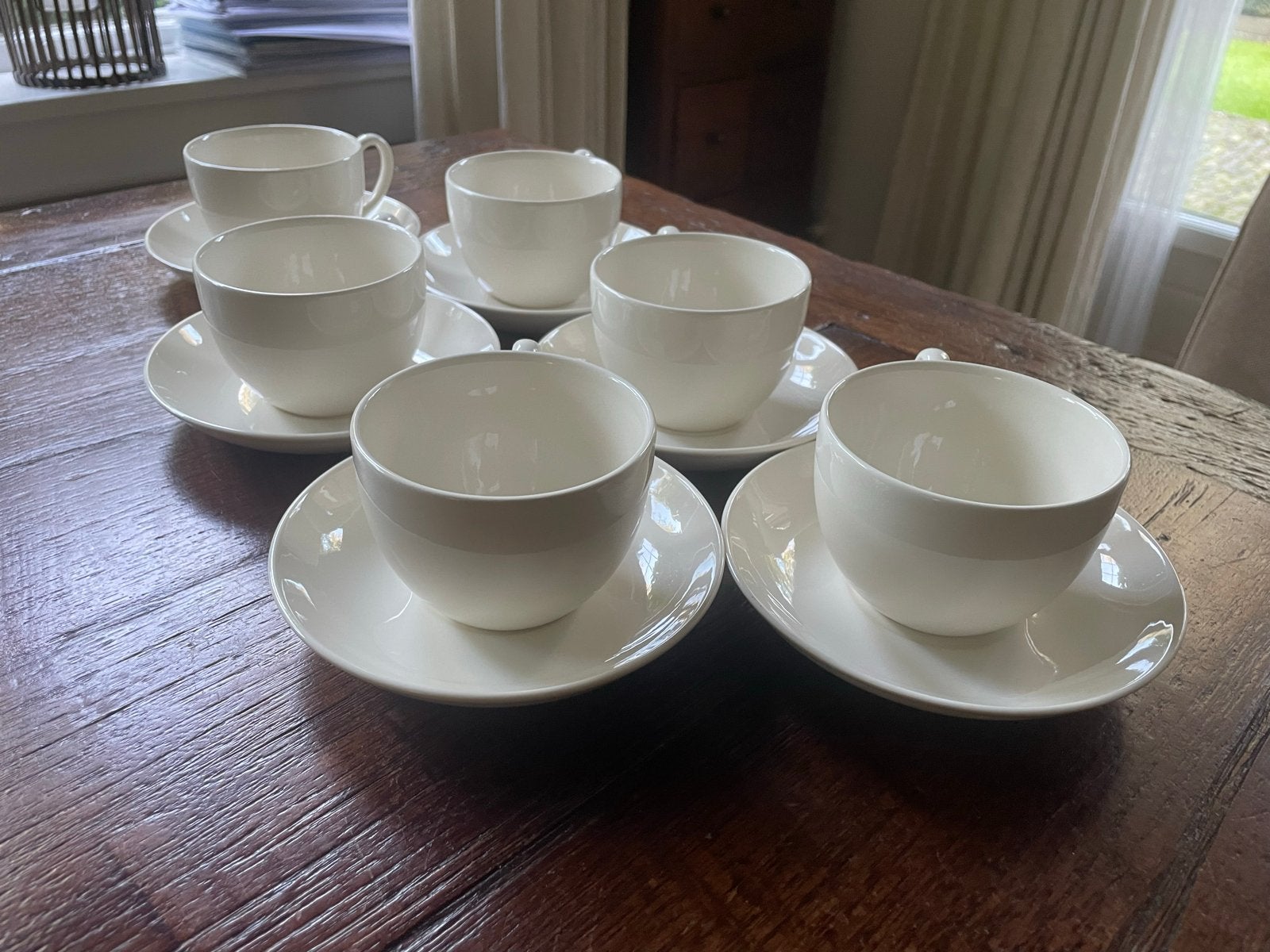 6 Wedgwood Queen's Ware Traditional  kop en schotel set (6x), Klassiek, Ophalen of Verzenden, Zo goed als nieuw, Kop(pen) en/of Schotel(s)