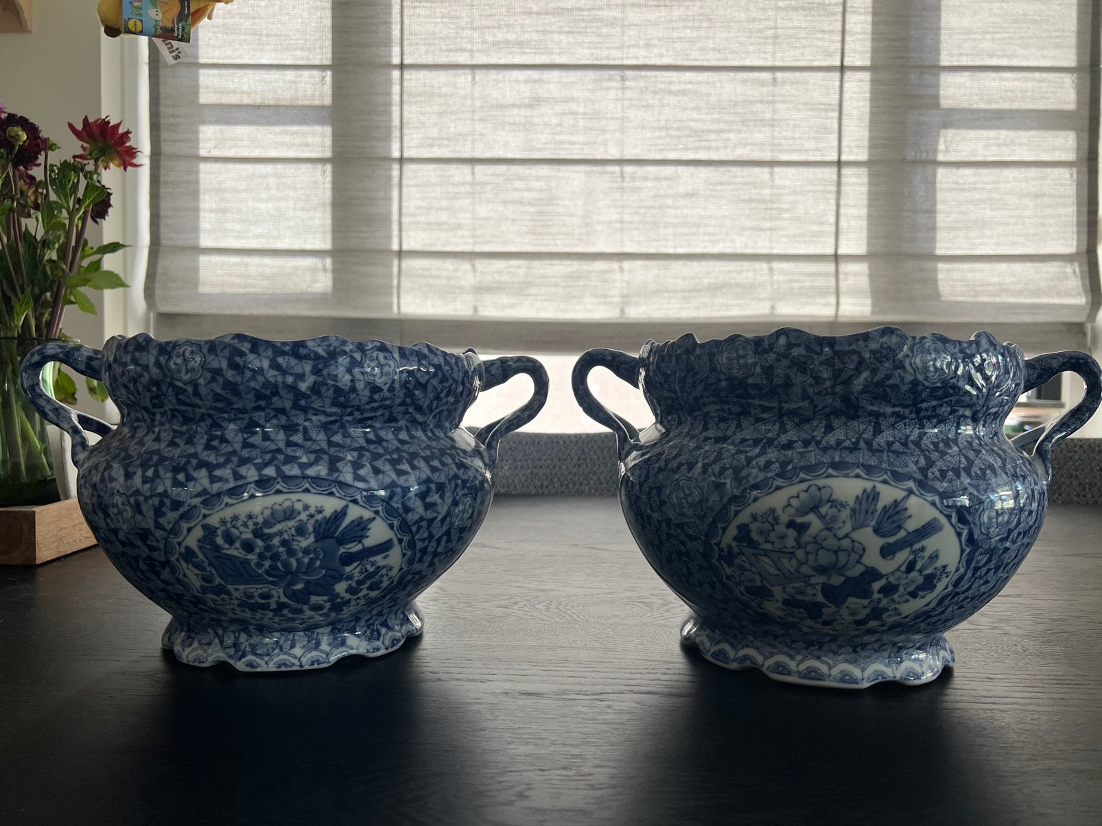 Antieke blauw witte Bloempot(-ten) voor binnen, Tuin en Terras, Bloempotten, Ophalen, Rond, Binnen, Zo goed als nieuw