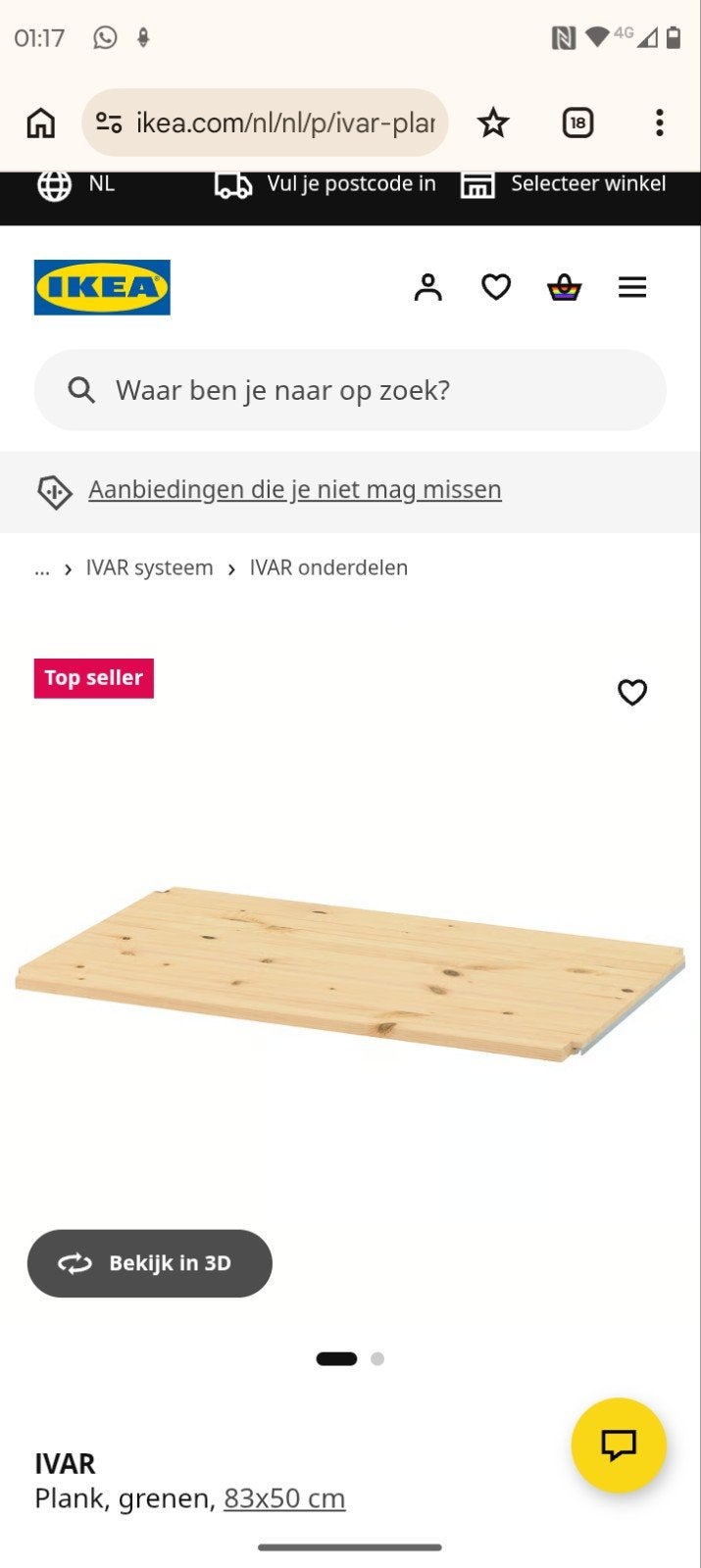 Gezocht IKEA IVAR Plank, grenen, 83x50 cm, Ophalen, 25 tot 50 mm, Grenen, Nieuw
