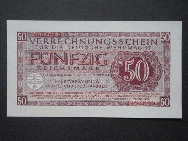 50 Reichsmark 1944 Duitsland Wehrmacht Legergeld WW2 (02), Ophalen of Verzenden, Landmacht, Duitsland