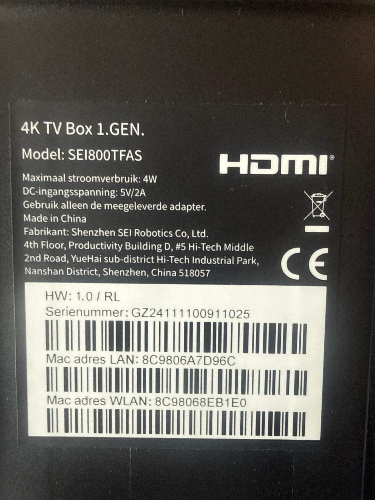 Odido 4K TV Box 1GEN. Model:SEI800TFAS met afstandsbediening, Audio, Tv en Foto, Mediaspelers, Gebruikt, Zonder harde schijf, HDMI