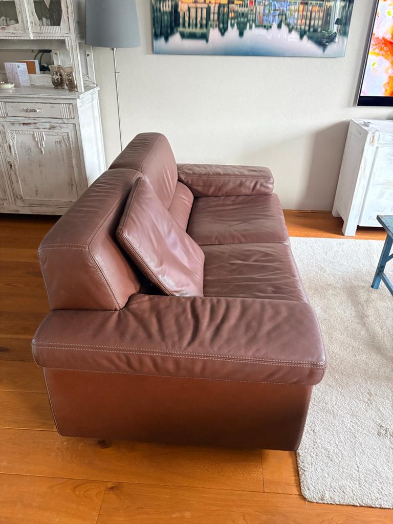Comfortabele bruine leren bank - 2-3 persoons, 2,5 & 3,5 zit, Ophalen, Gebruikt, Driepersoons, Rechte bank