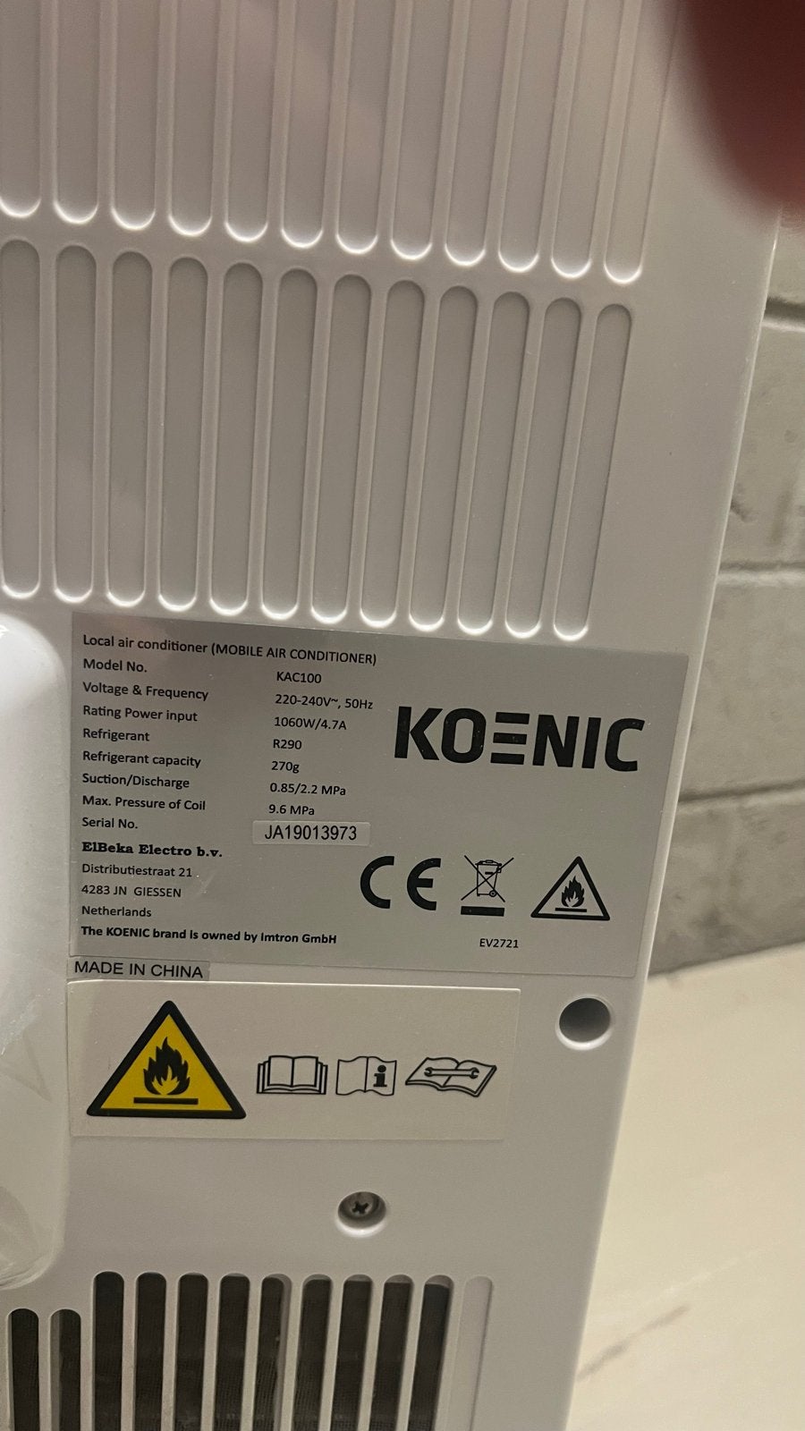 Koenic KAC100 Mobiele Airco - Perfect Werkend, Witgoed en Apparatuur, Airco's, Ophalen, Gebruikt, Minder dan 60 m³, 3 snelheden of meer