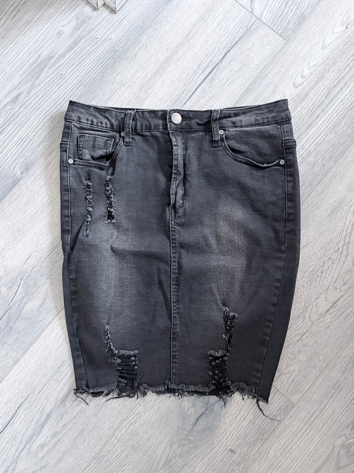 Zwarte denim rok met scheuren - Girl Vivi, Zwart, Maat 42/44 (L), Ophalen of Verzenden, Knielengte