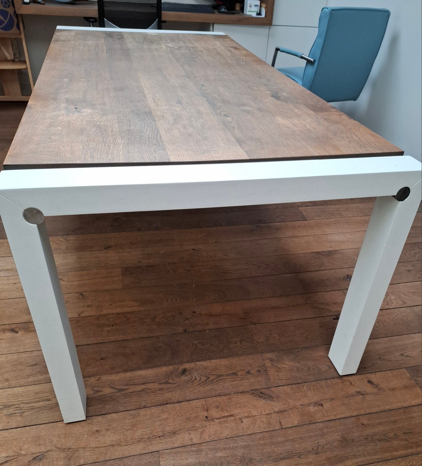 Massief eiken tafel met RVS design onderstel, Ophalen, Gebruikt, 100 tot 150 cm, 200 cm of meer