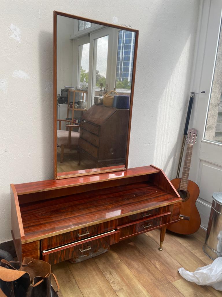 Vintage kaptafel met spiegel, donker hout, Antiek en Kunst, Antiek | Spiegels, Ophalen, Rechthoekig, 100 tot 150 cm