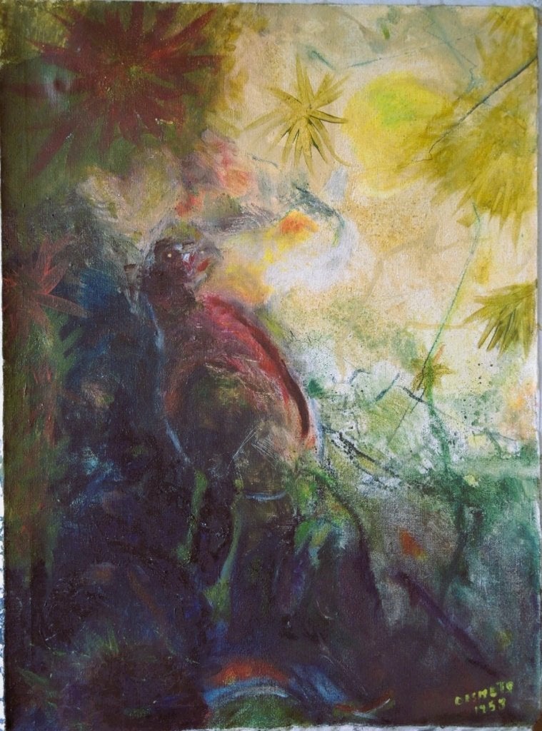 Desmets "Zangvogel in de natuur", olieverf op doek, 1953, Antiek en Kunst, Ophalen, Dieren, Textiel, Gesigneerd