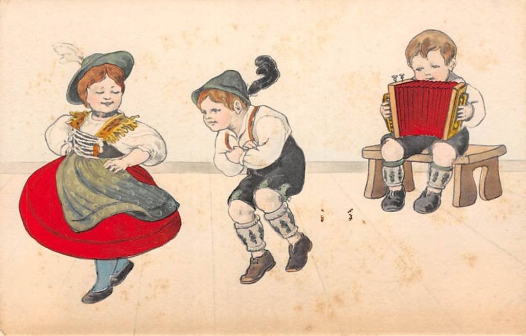 Fantasie Dansend paartje Lederhosen Duitsland Vintage Kind 2, Ophalen of Verzenden, Voor 1920, Ongelopen, Kinderen