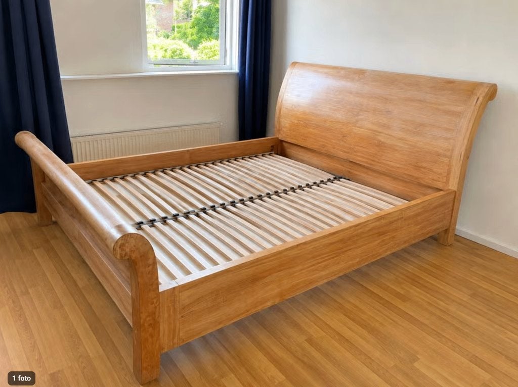 Prachtig massief teakhouten bed (180x210 cm), Ophalen, 210 cm, Tweepersoons, 180 cm