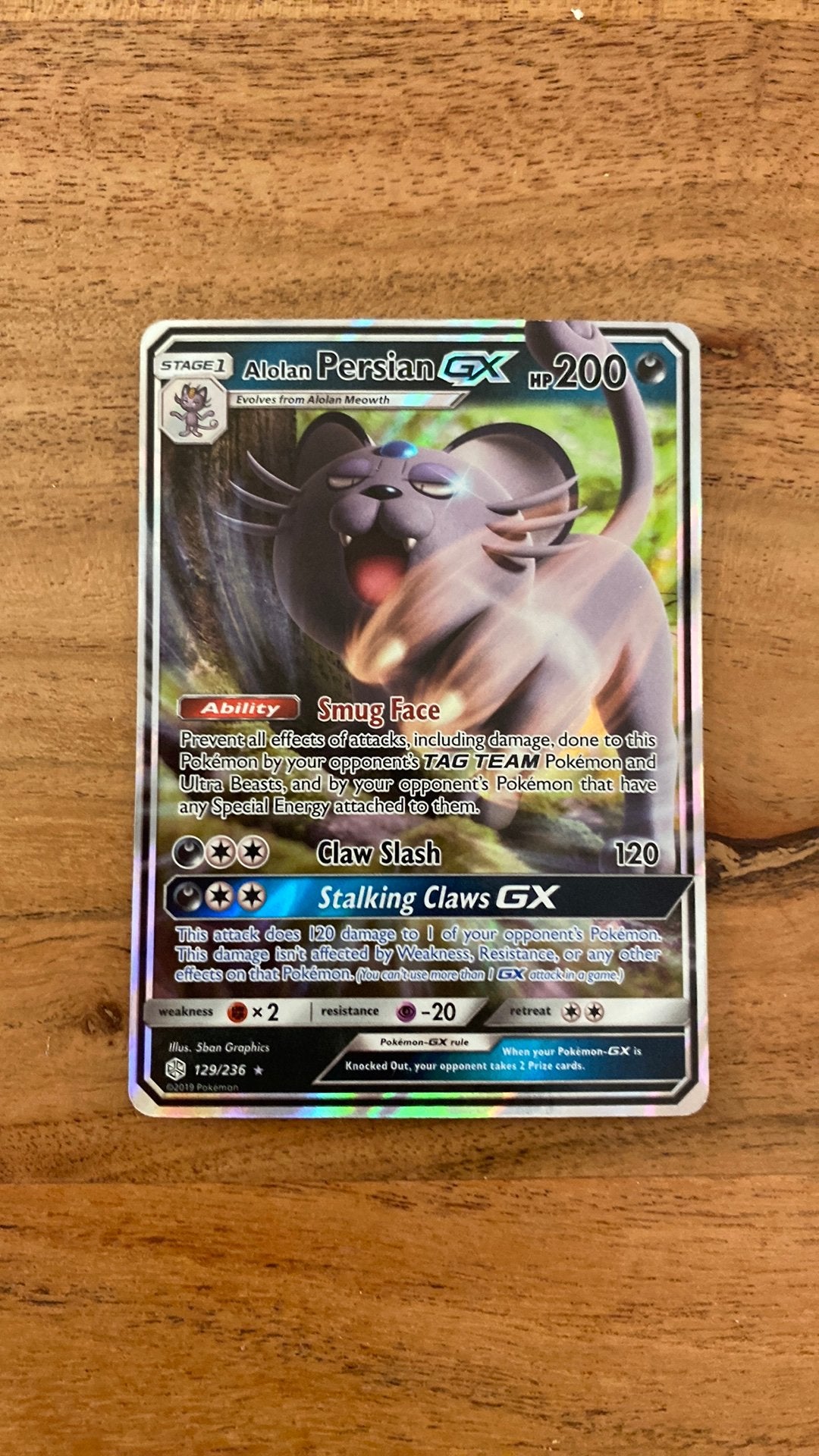 Alolan Persian GX Pokémon kaart - Lichte beschadiging, Ophalen of Verzenden, Gebruikt, Losse kaart