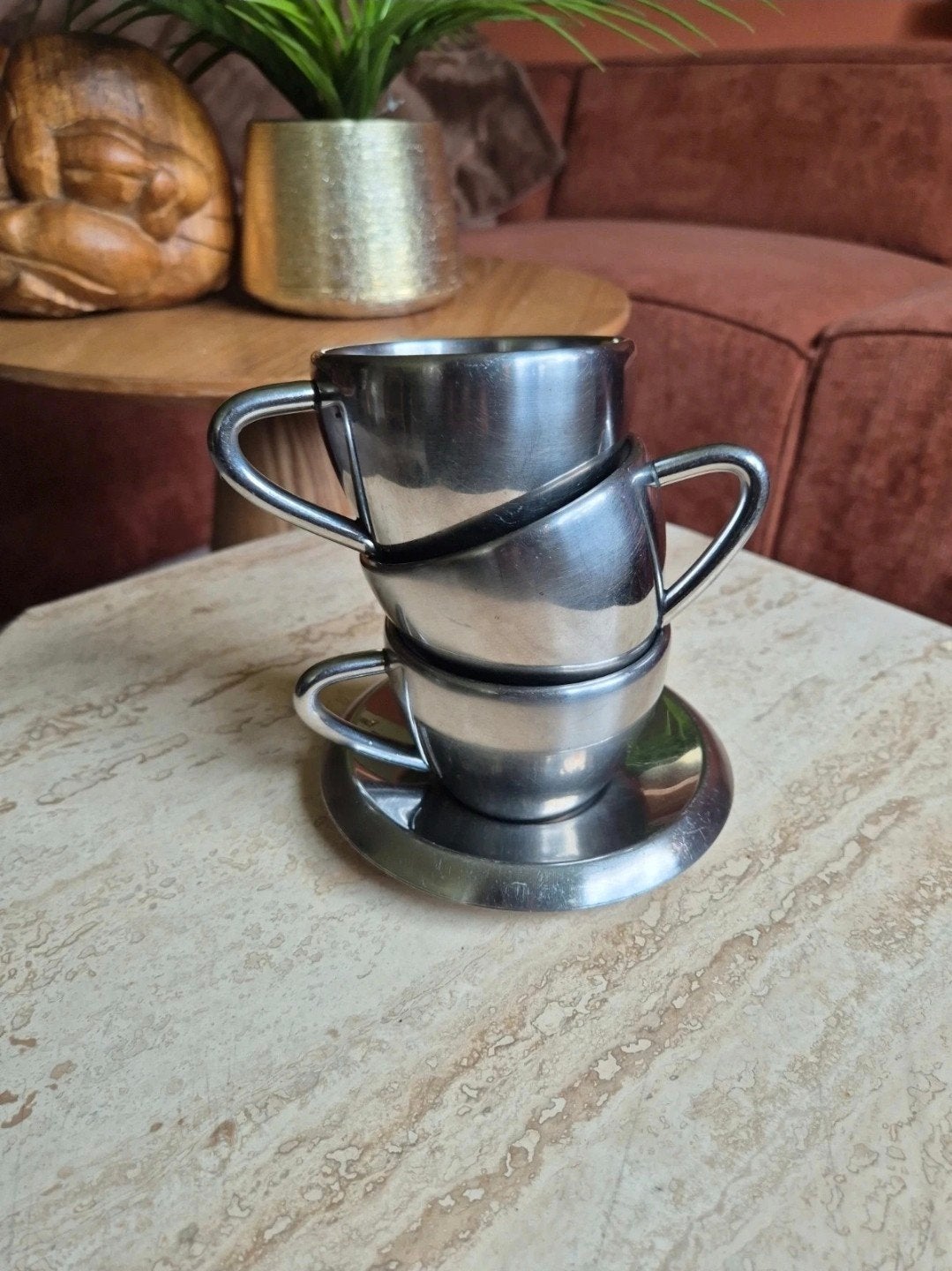 Dubbelwandig rvs kop en schotels set van 3, Overige merken, Vintage, Ophalen of Verzenden, Metaal