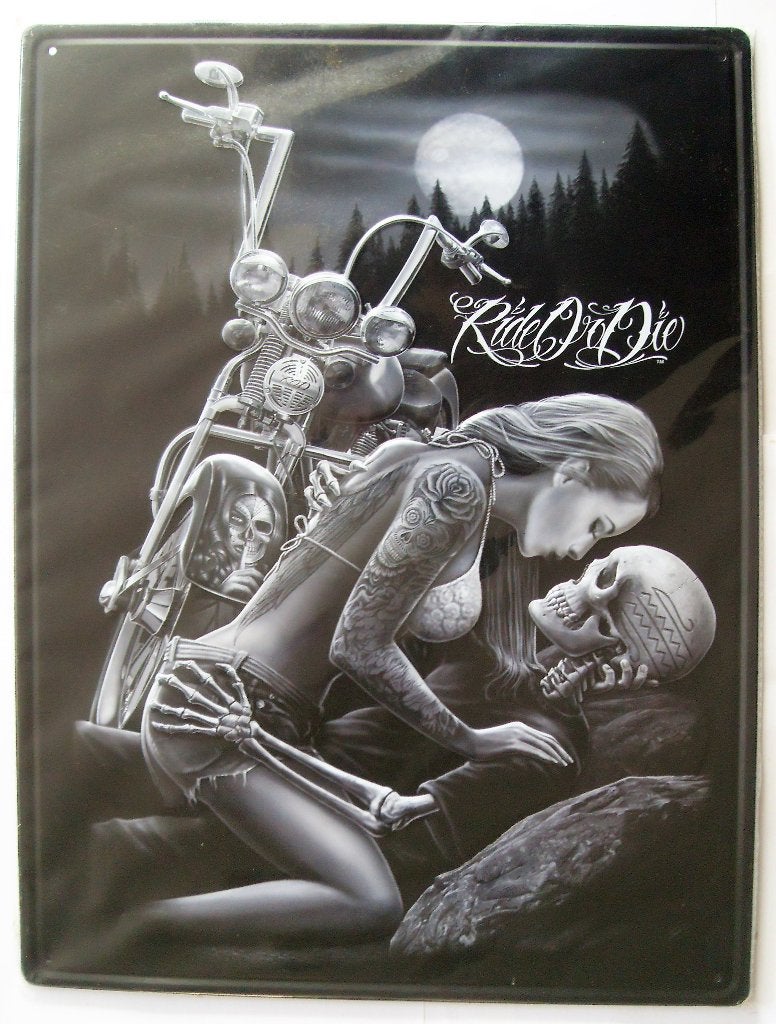 Motor Wanbord Wandplaat Ride Or Die Tattoo Skull Harley, Metaal, Industrieel, 30 cm, Zwart