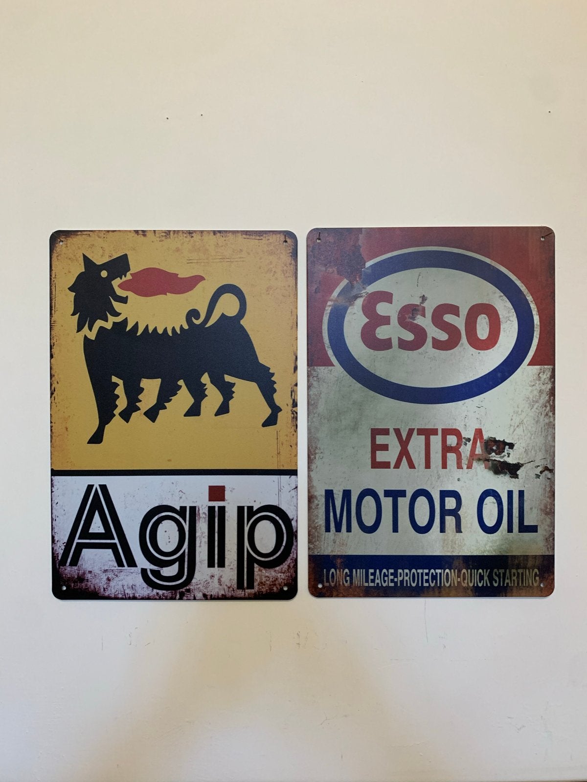 Metalen borden 20x30 cm - Agip & Esso (set van 2), Vintage, Gebruikt, Meerkleurig, Ophalen of Verzenden