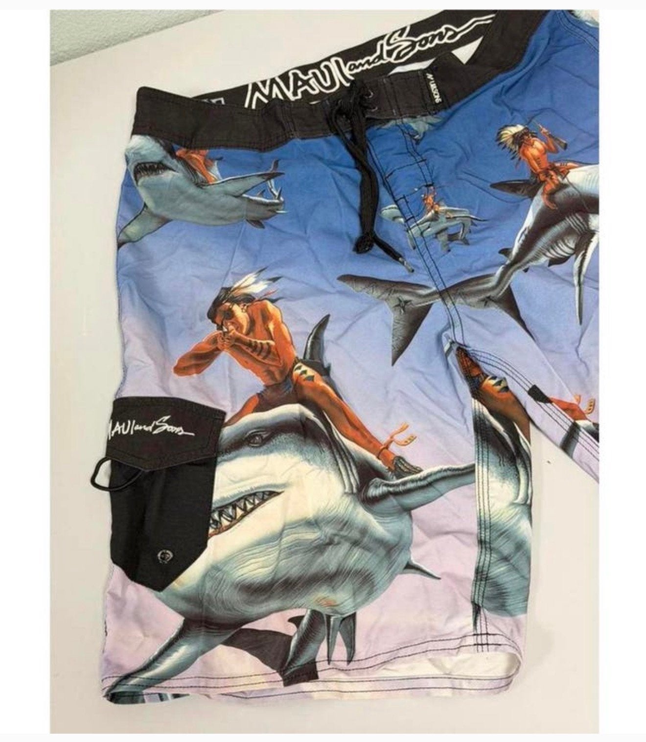 Maui and Sons Boardshort Zwembroek Shark Print vintage L XL, Kleding | Heren, Blauw, Maat 56/58 (XL), Ophalen of Verzenden, H