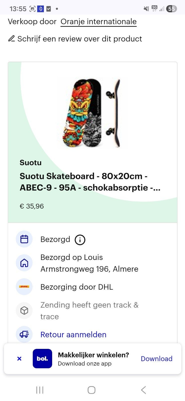 Suotu Skateboard 80x20cm - ABEC-9 - Zo goed als nieuw, Ophalen of Verzenden, Nieuw, Skateboard
