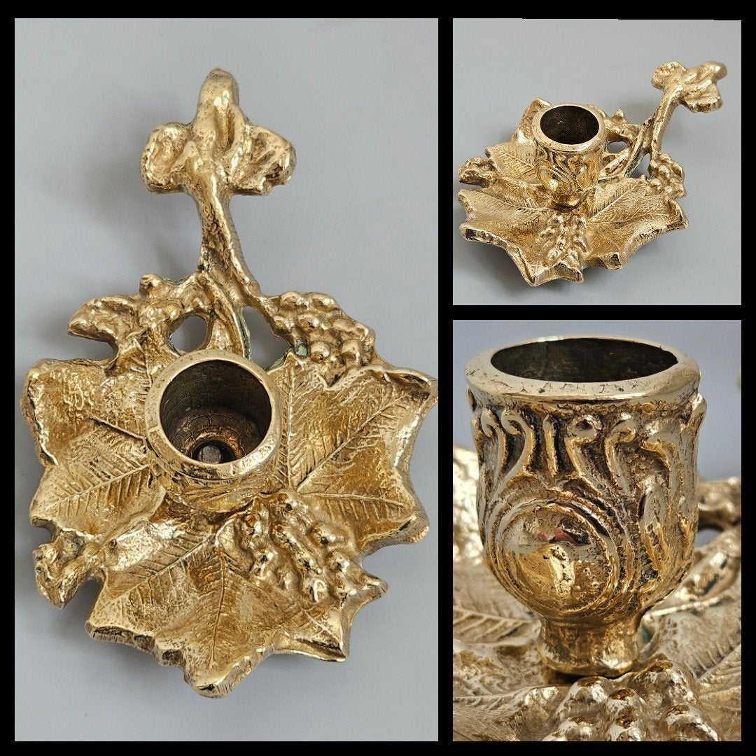 Antiek geel koperen blakertje, kandelaar. Druivenblad, Antiek en Kunst, Ophalen of Verzenden, Koper of Brons