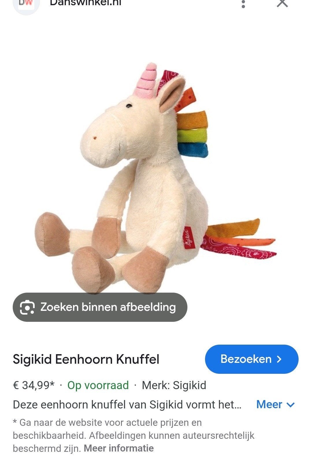 Eenhoorn Knuffel Sigikid, Ophalen of Verzenden, Zo goed als nieuw, Overige typen
