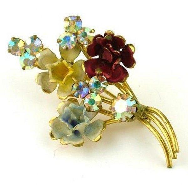 Prachtige Vintage Tsjechische Bloemenbroche EmailleAB Strass, Sieraden, Tassen en Uiterlijk, Broches, Ophalen, Zo goed als nieuw