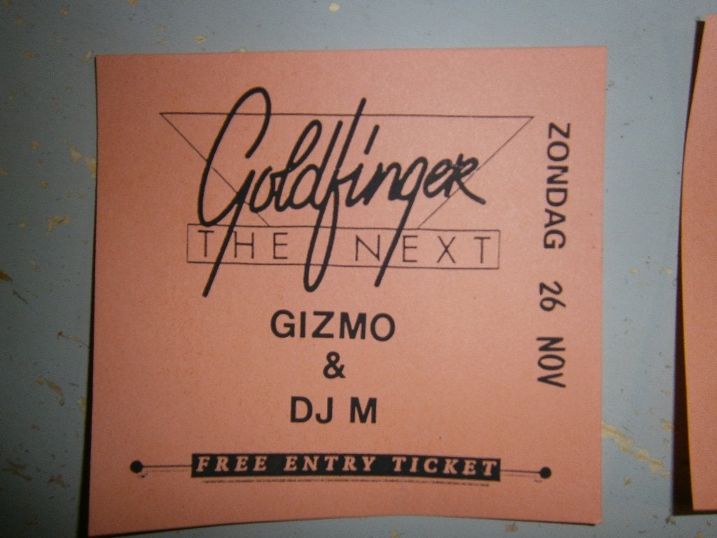 GOLDFINGER THE NEXT Free Entry Ticket 1995 – DJ Gizmo & DJ M, Ophalen, A4 of kleiner, Rechthoekig Liggend, Zo goed als nieuw