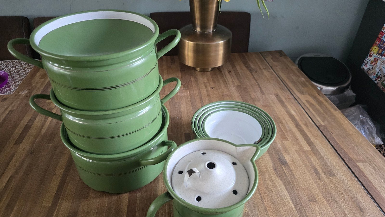 Vintage Groene Emaille Pannen en Schalen Set, Antiek en Kunst, Antiek | Emaille, Ophalen of Verzenden