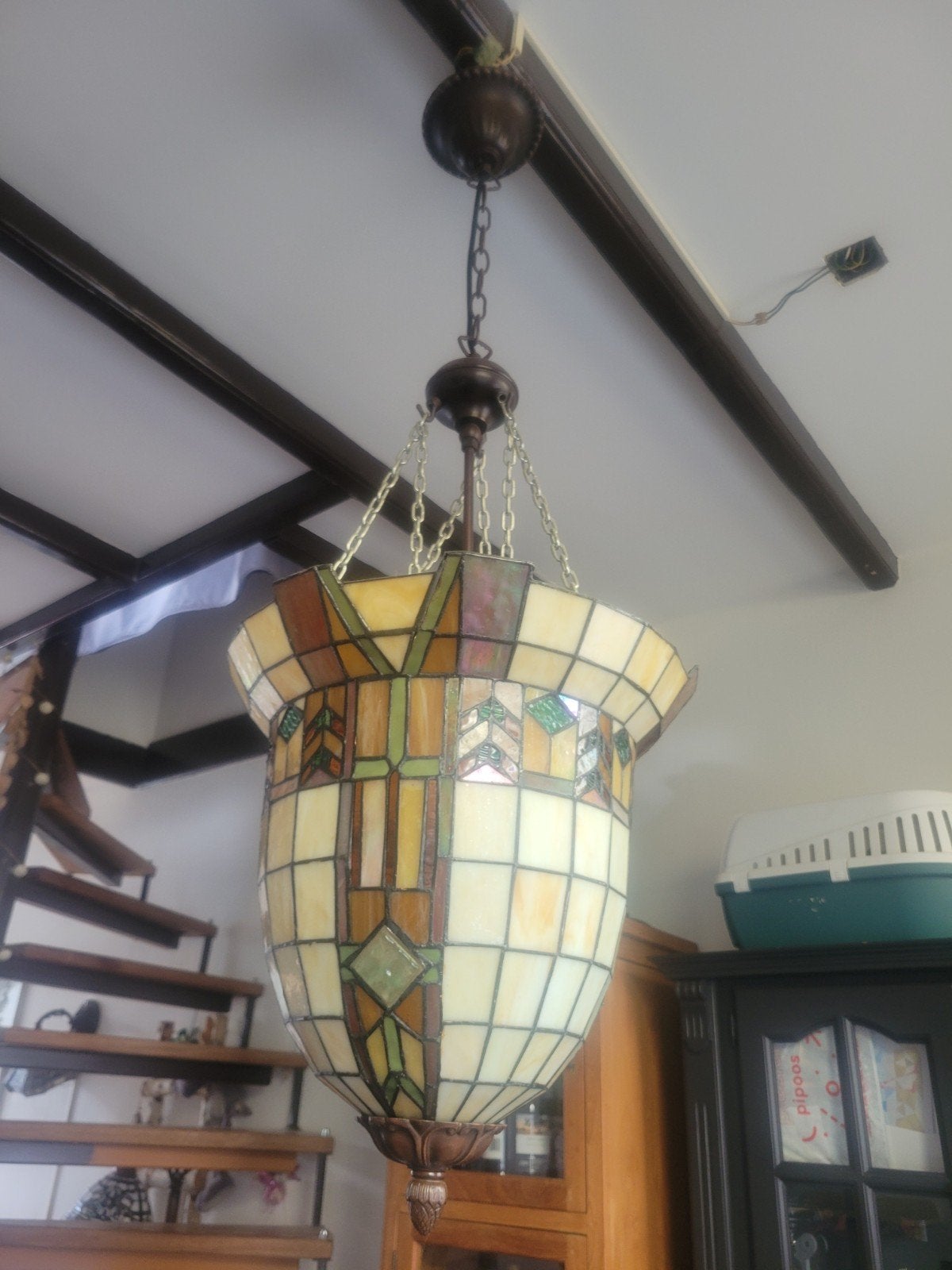 Tiffany Stijl Hanglamp - Glas in Lood Design 2x, Gebruikt, 50 tot 75 cm, Ophalen of Verzenden, Glas