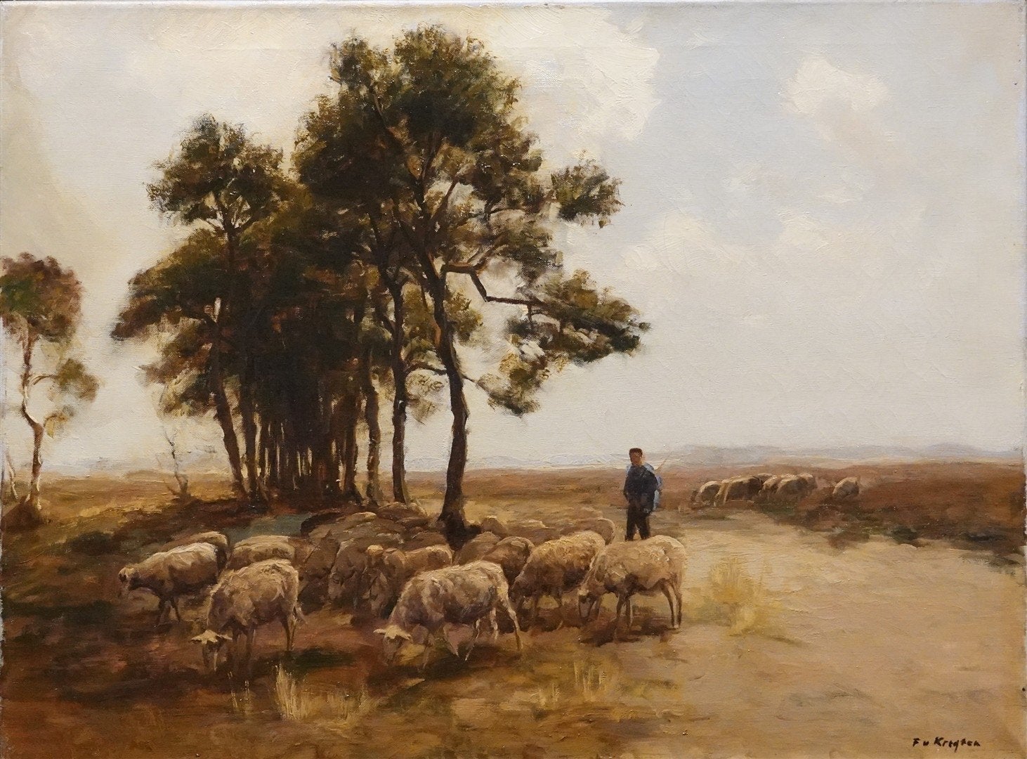 Schilderij Fedor Van Kregten - Schaapskudde op de hei, Doek, Realistisch, Ophalen of Verzenden, Gesigneerd
