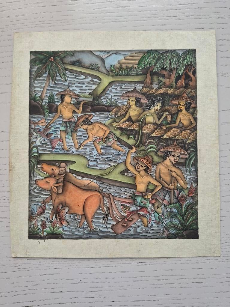 Balinese tekening/"boeren werkend op de Sawa"/jaren '50, Ophalen of Verzenden