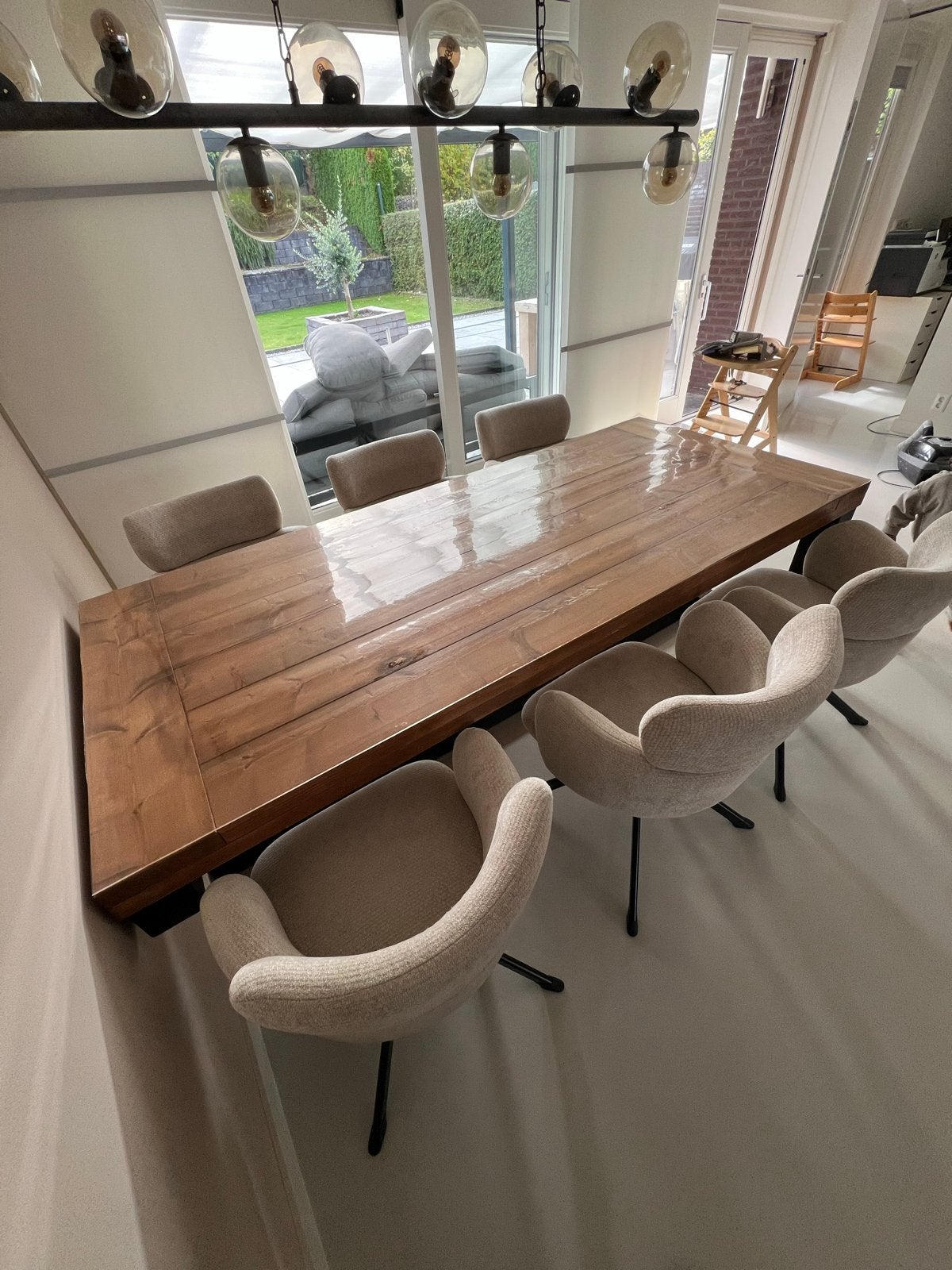 Steigerhouten eettafel met stalen onderstel snake, Ophalen, 200 cm of meer, 50 tot 100 cm, Zo goed als nieuw