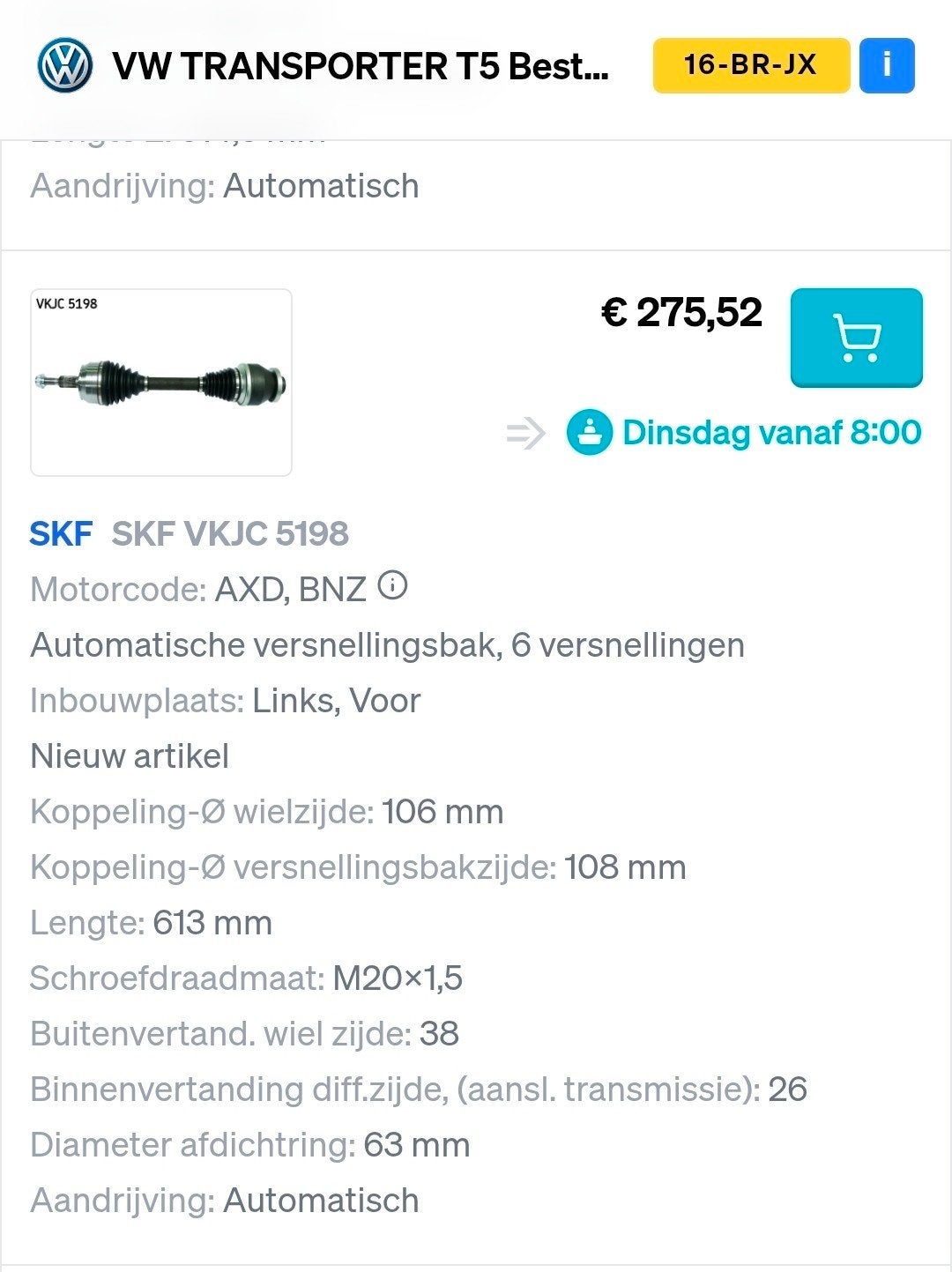 Nieuwe aandrijfas SKF VKJC 5198 voor VW Transporter 2.5, Ophalen of Verzenden