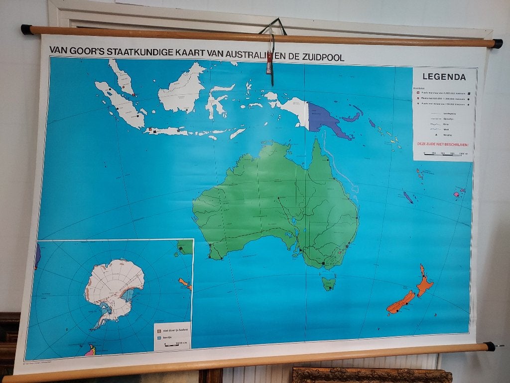 Schoolkaart van Australië en de Zuidpool., Antiek en Kunst, Antiek | Schoolplaten, Ophalen of Verzenden, Aardrijkskunde