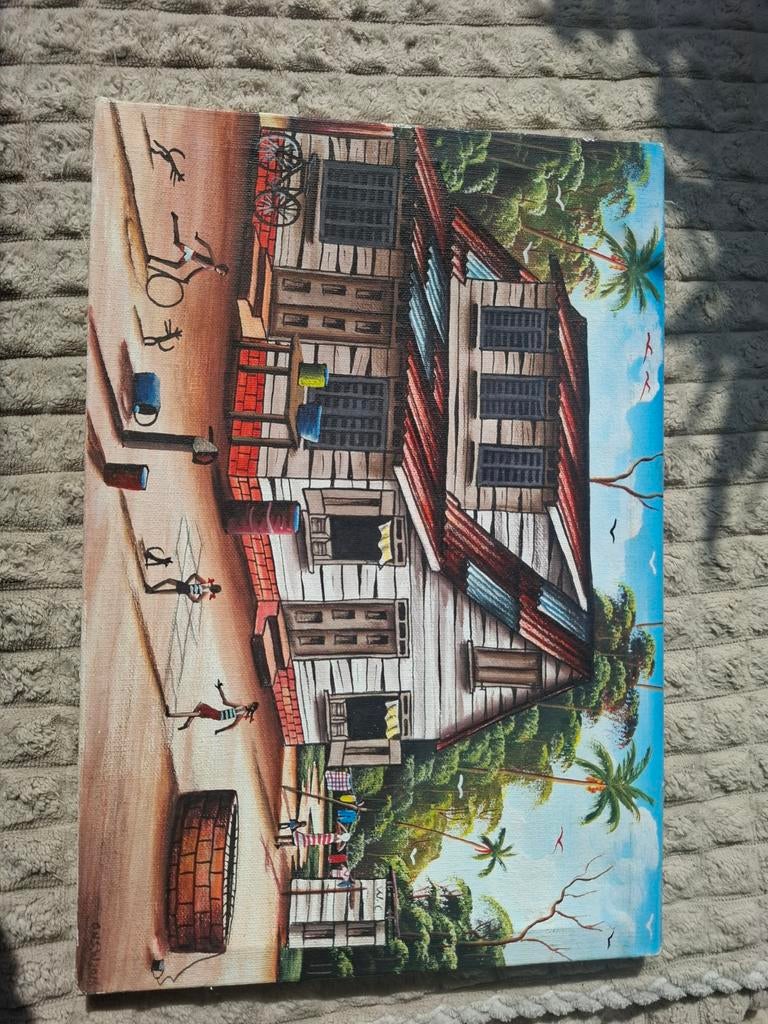 Schilderij met huis en mensen, gesigneerd Aruba, Antiek en Kunst, Ophalen of Verzenden
