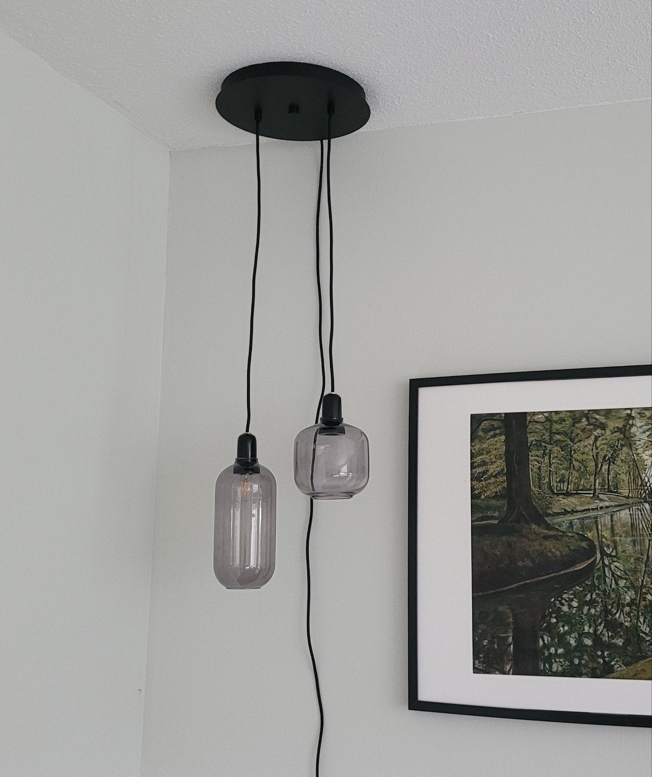 2x lamp Amp van Norman copenhagen met rookglas, Huis en Inrichting, Lampen | Hanglampen, Ophalen, Zo goed als nieuw, Glas