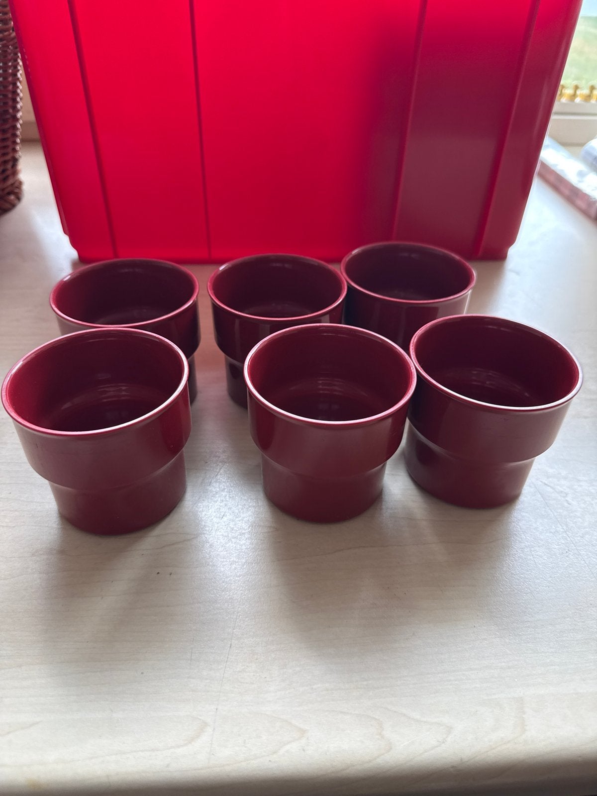 Set van 6 rode bekertjes, mepal, Kunststof, Gebruikt, Ophalen of Verzenden, Overige stijlen