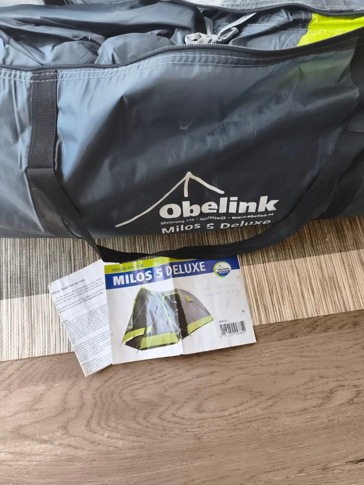 Obelink Milos 5 Deluxe tent - 5 persoons, Caravans en Kamperen, Ophalen of Verzenden, Zo goed als nieuw, Tot en met 5