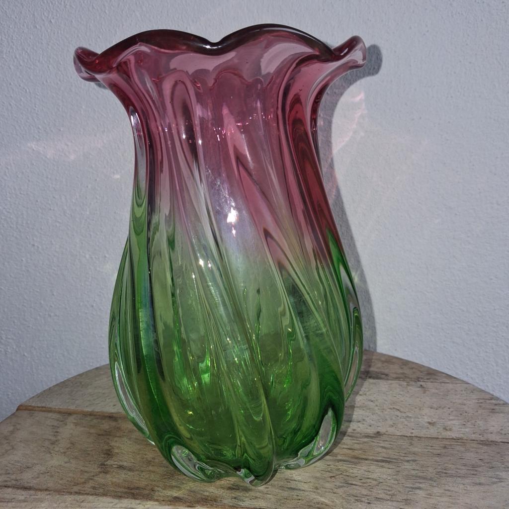 Murano vaas 20 cm roze/groen glas, Antiek en Kunst, Ophalen of Verzenden