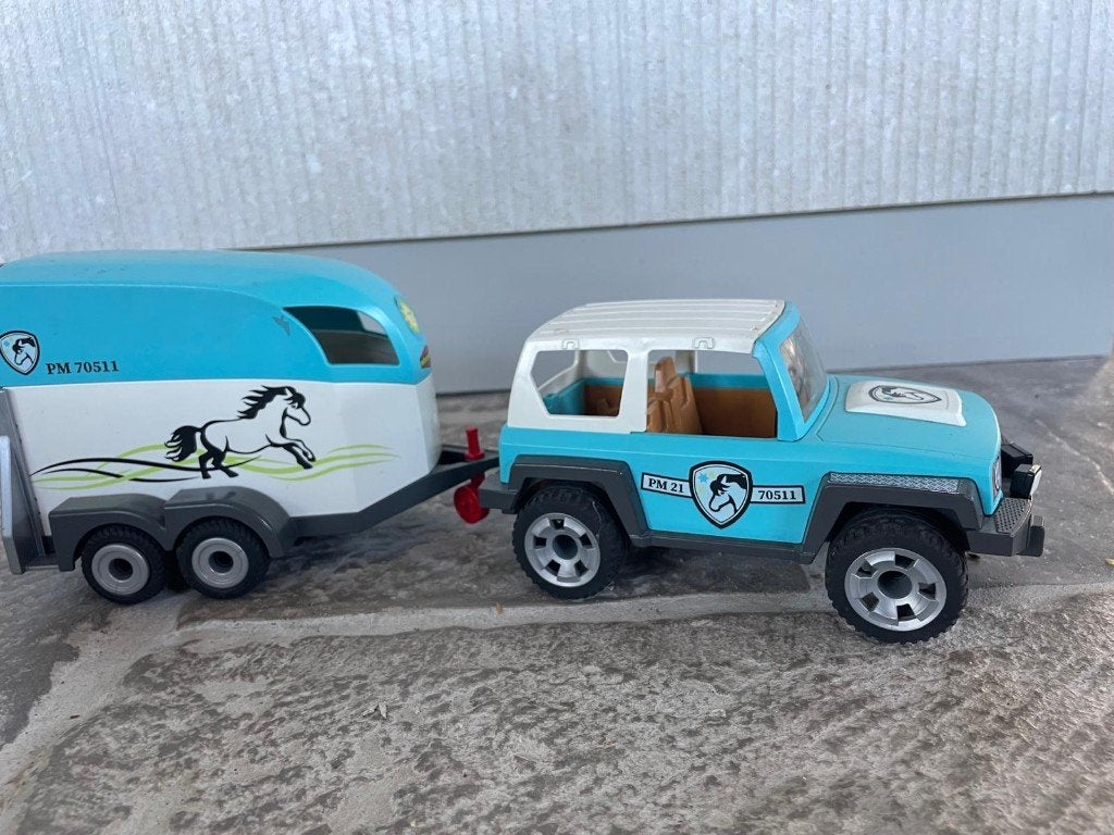 Playmobil paarden Jeep + trailer, Gebruikt, Complete set, Overige typen, Ophalen of Verzenden