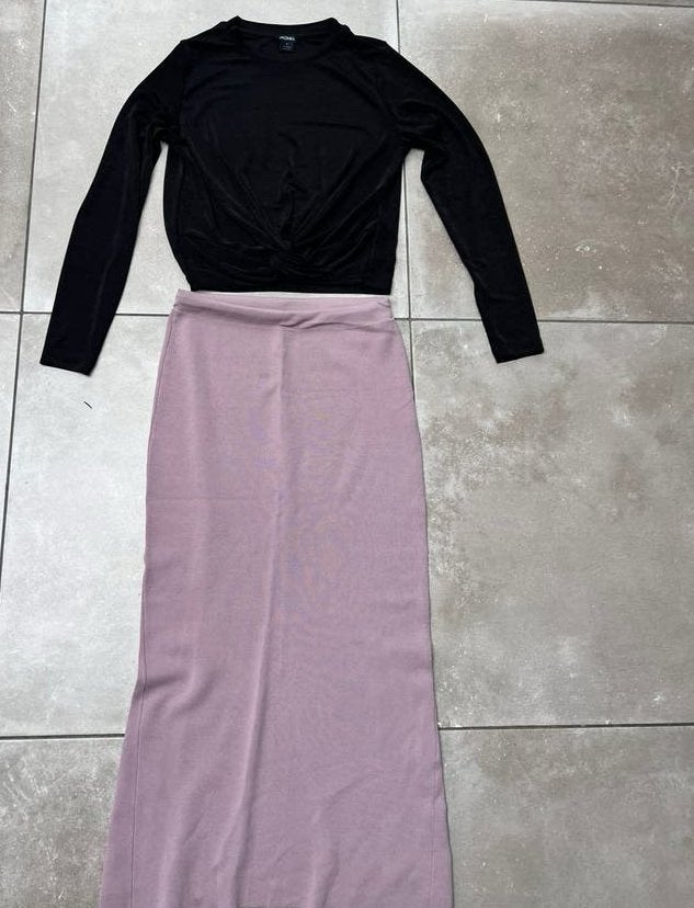 HALLHUBER PASTEL LILA LANGE ROK + MONKI ZWARTE TOP MAAT S M, Ophalen of Verzenden, Zo goed als nieuw