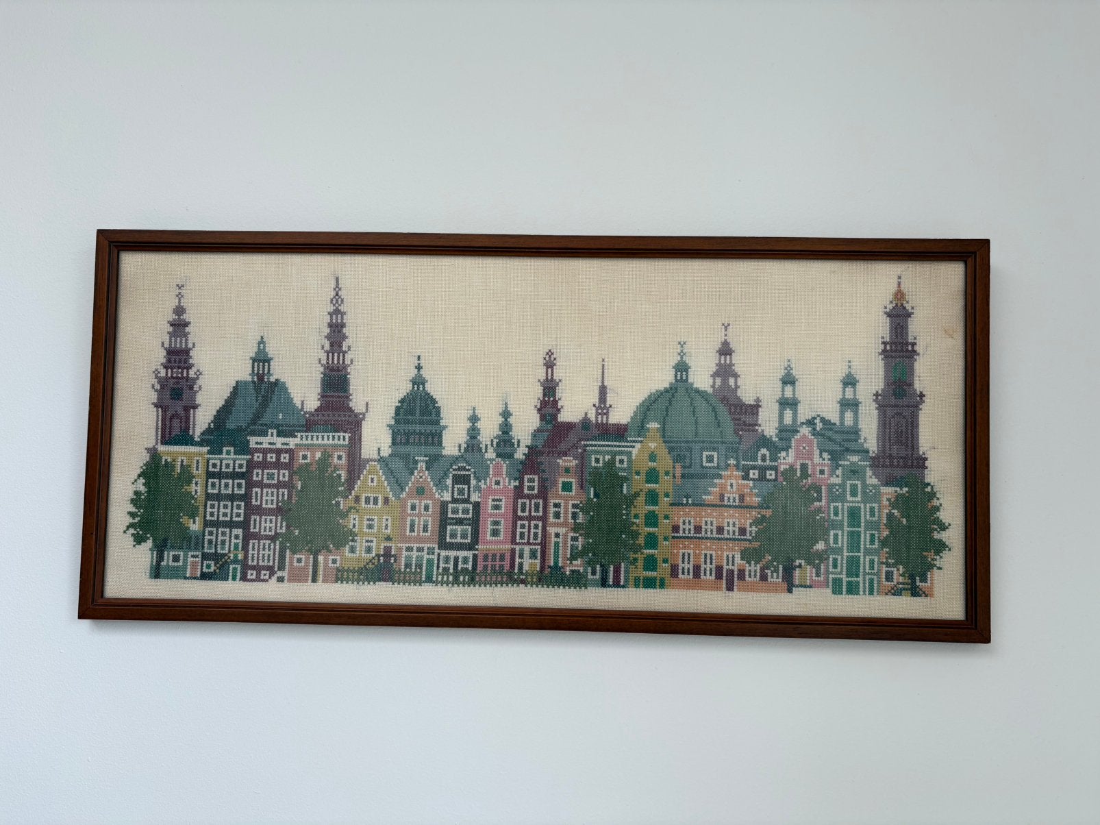 Prachtig groot vintage geborduurd schilderij van Amsterdam, Ophalen of Verzenden