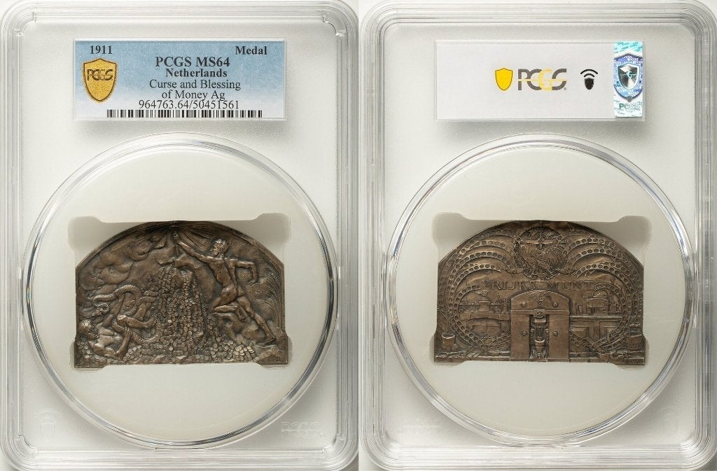 Historiepenning 1911 'Vloek & Zegen Geld' in PCGS slab MS64, Ophalen of Verzenden, Zilver, Nederland