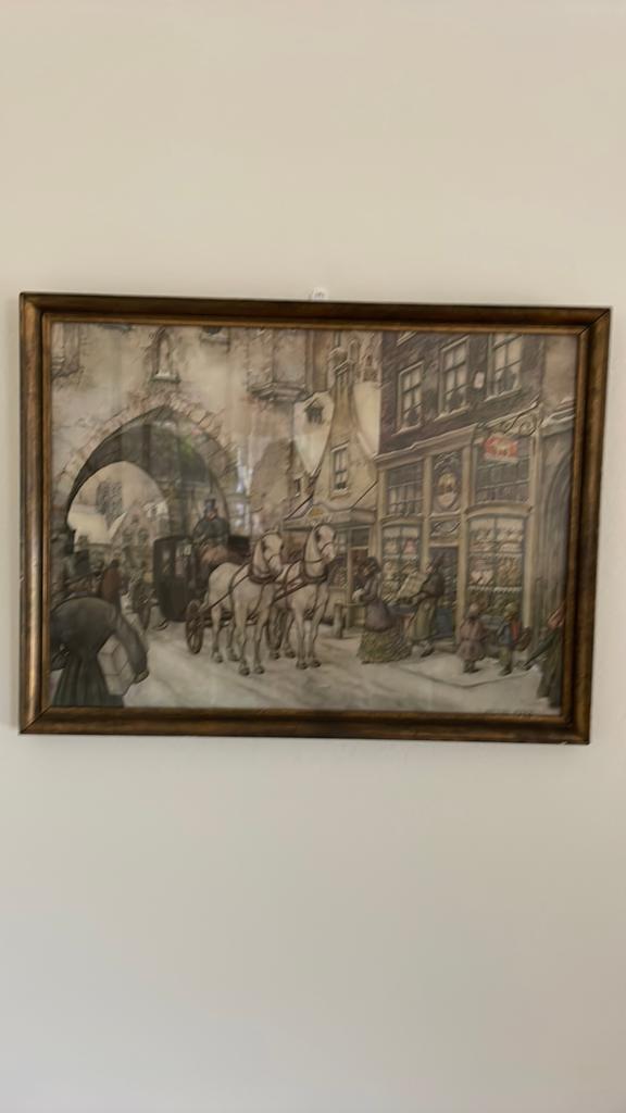 Anton Pieck Prent: Historisch Stadsgezicht met Koets, Antiek en Kunst, Kunst | Schilderijen | Klassiek, Ophalen of Verzenden