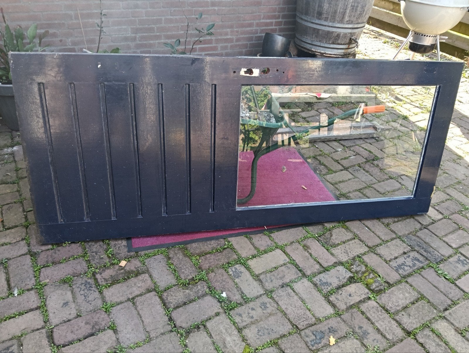 Donkerblauwe buitendeur met glas, Ophalen, Gebruikt, 80 tot 100 cm, Buitendeur