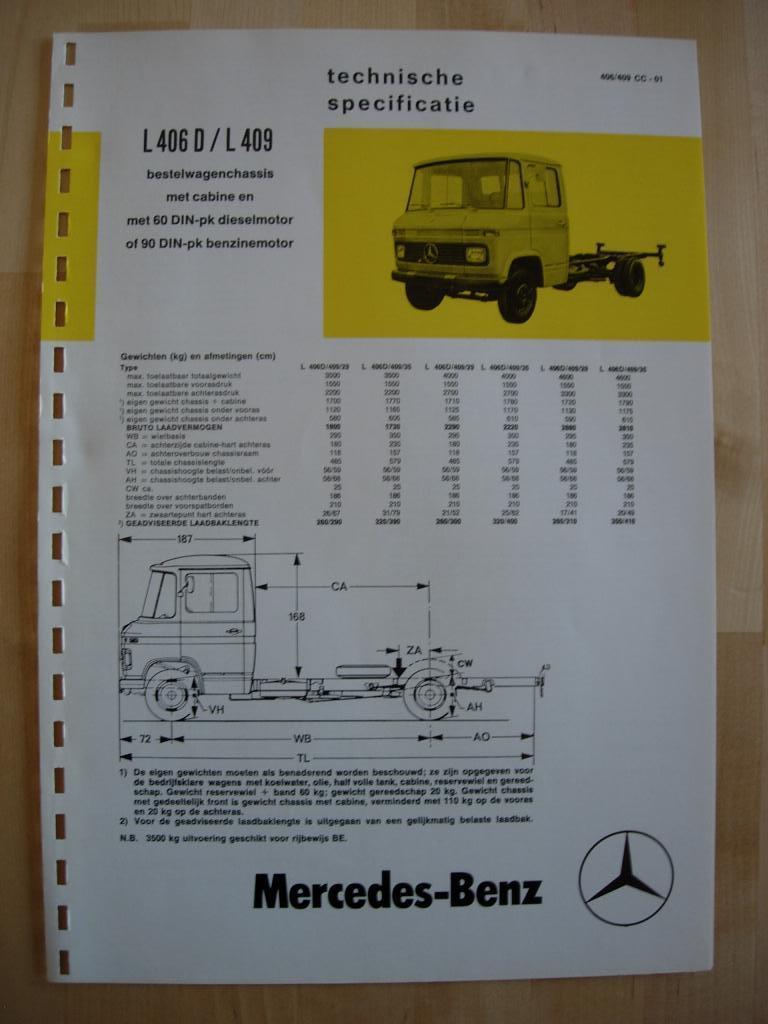 Mercedes 406 D / 409 Specificatie Brochure 1975 CC - 406D, Boeken, Auto's | Folders en Tijdschriften, Zo goed als nieuw, Mercedes